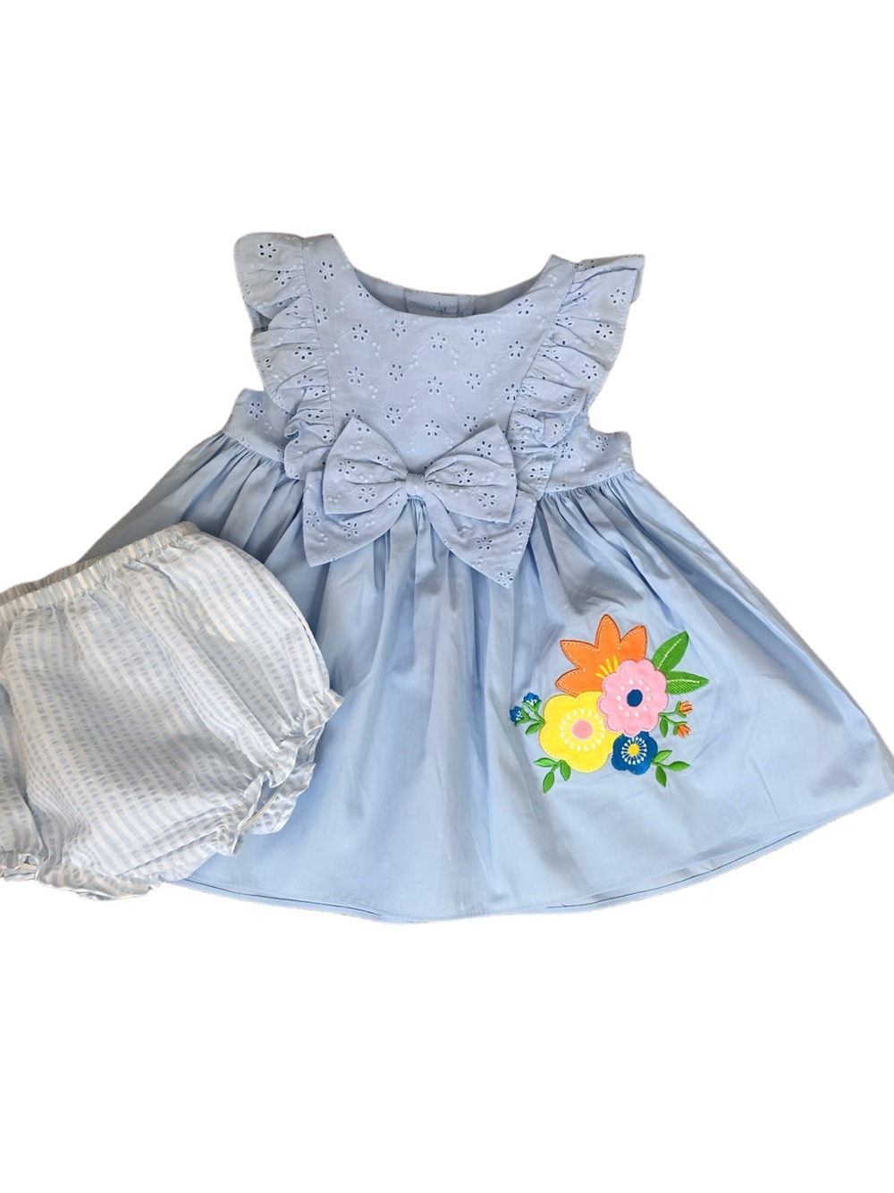 Light Blue Eyelet Bow Dress with Floral Appliqué for Baby Girls